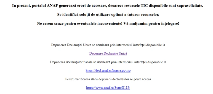 Deocamdată este inaccesibilă interfaţa web de prezentare a informaţiilor instituţionale ale ANAF