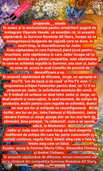 Postarea cu pricina făcută de Viperele Vesele, pe Instagram