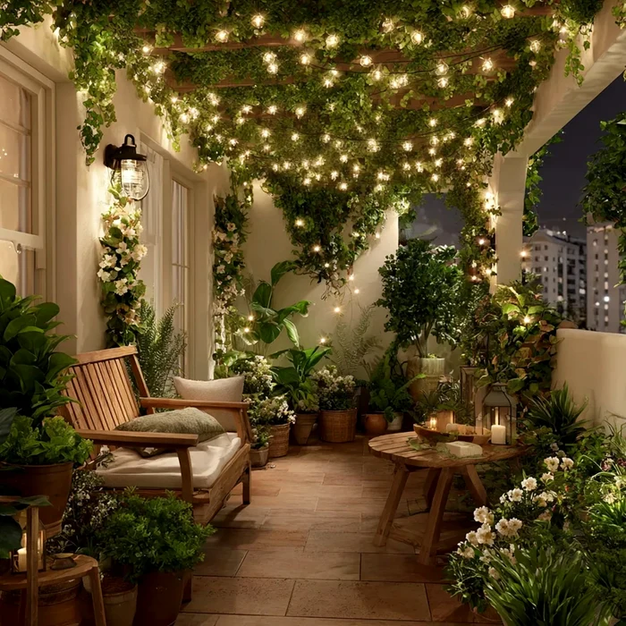 Amenajare de balcon cu plante cu flori în ghivece, iluminat ambiental, mobilier modular-Ideal House