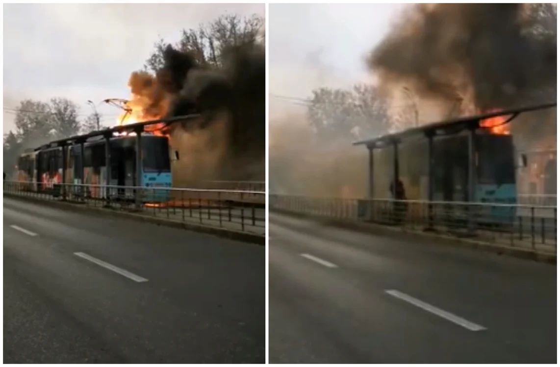 Tramvai în flăcări în București FOTO captură video/via Adevarul