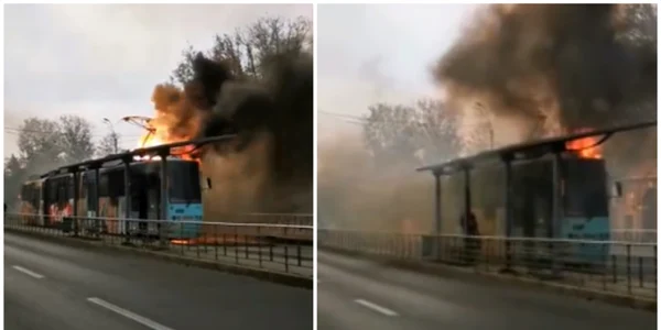 Tramvai în flăcări în București FOTO captură video 