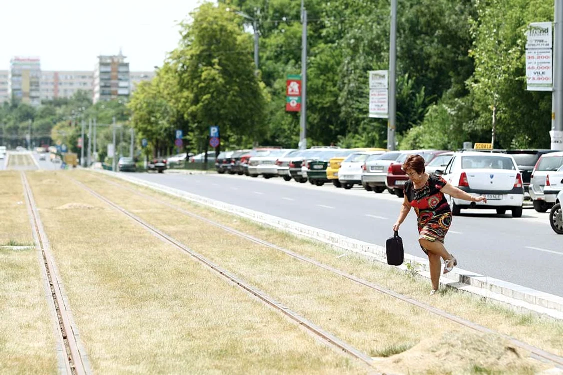 
    2014: Iarba plantată între  şinele de tramvai s-a  ofilit complet. Reporterii  noştri nu au văzut nici  un aspersor de irigaţiiFotografii: Dorin Constanda/ Marian Iliescu  
