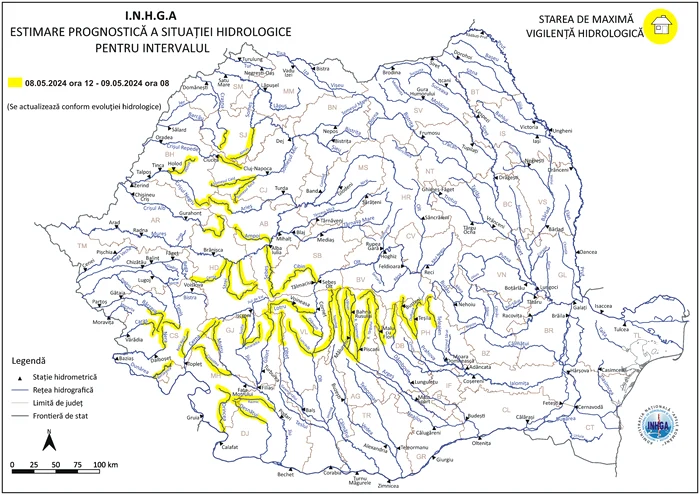 Harta bazinelor vizate de Codul galben. FOTO INHGA