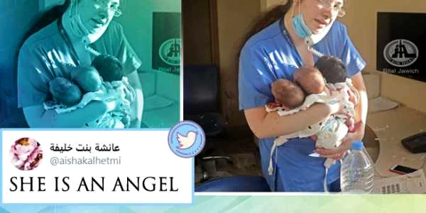 Asistenta medicala care strange in brate trei nou nascuti 