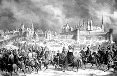 Matia Corvin și Beatrice de Aragon sosesc la Buda, gravură de Vízkelety Béla (© Wikimedia Commons)