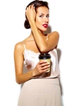 portrait beautiful happy cute sexy brunette woman with red lips wide classic pants holding plastic coffee cup white background jpg