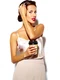 portrait beautiful happy cute sexy brunette woman with red lips wide classic pants holding plastic coffee cup white background jpg