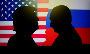 Putin și Trump pe fundalul steagurilor SUA și Rusiei FOTO Shutterstock jpg