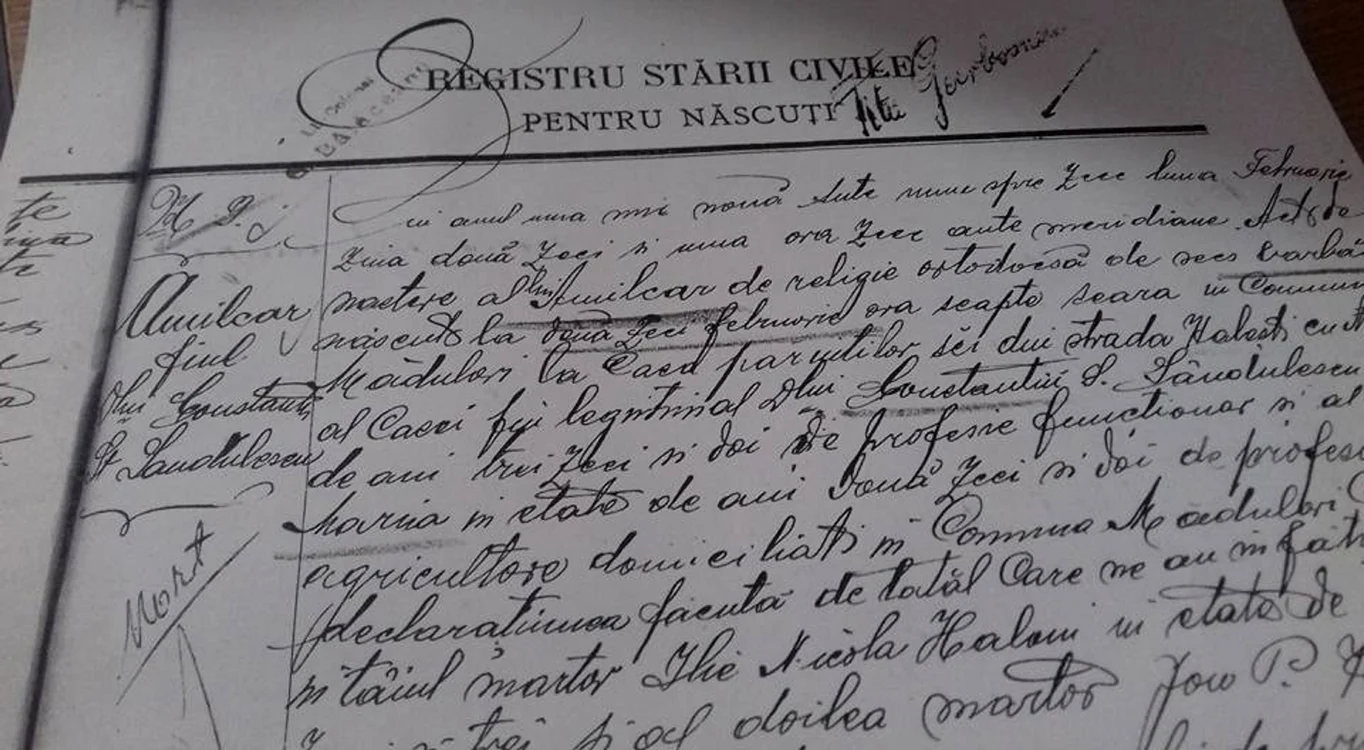 Certificatul de naștere al lui Amilcar Săndulescu descoperit la Arhivele Naționale Vâlcea
