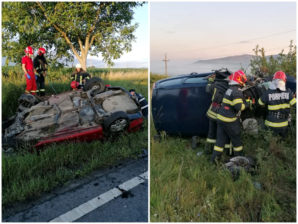 Maşinile s-au ciocnit frontal şi au ajuns în afara drumului. Foto: ISU Alba