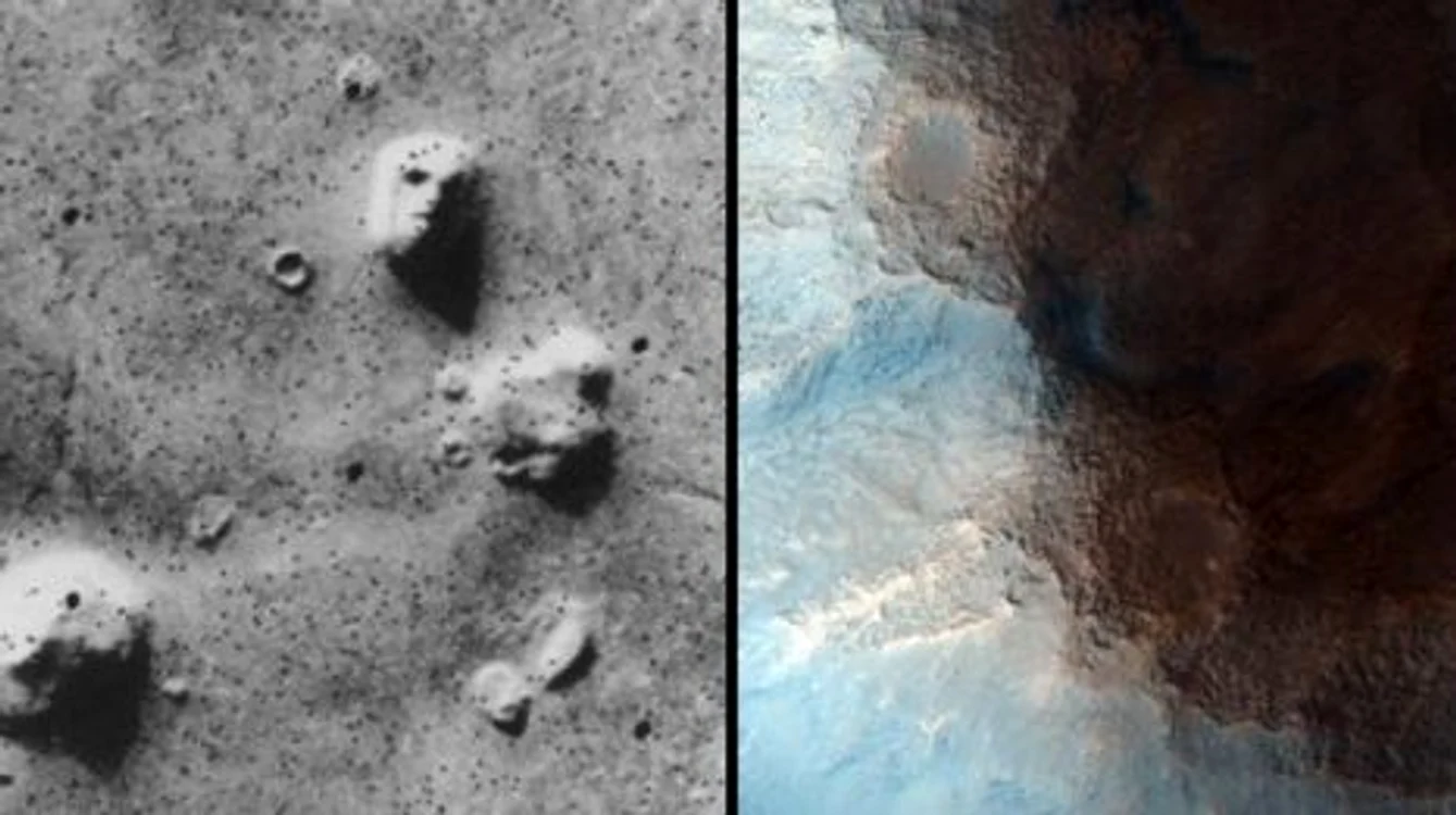 
    Sfinxul apărut în fotografia realizată de sonda spaţială Viking în 1976 (foto stânga) este o iluzie optică (Foto: NASA)  