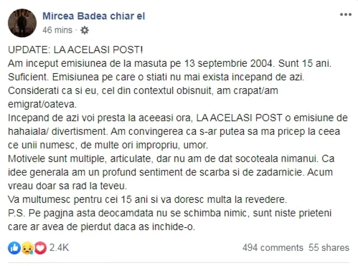 anunt mircea badea in gura presei foto captura foto facebook