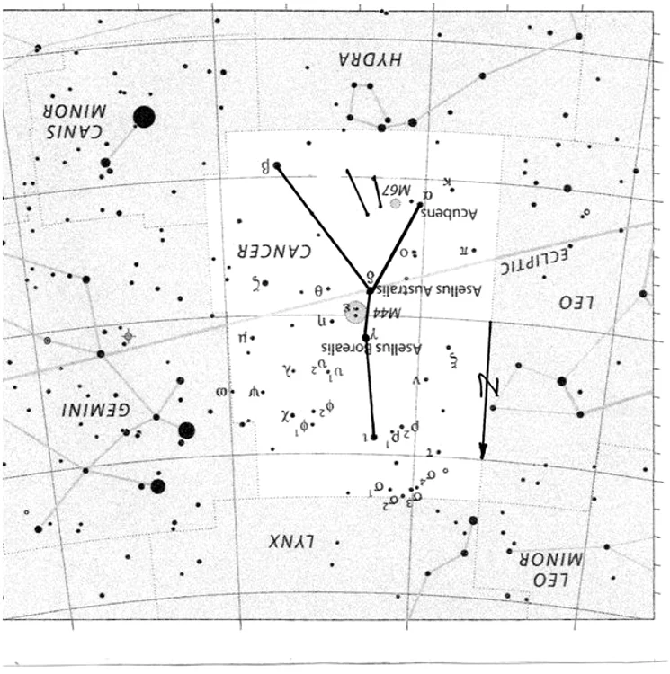  Fig. 10. Reprezentarea hieroglifei nr. 3 în constelația Cancerului.
Fig.10. Representation of hieroglyph no. 3 in Cancer constellation. 