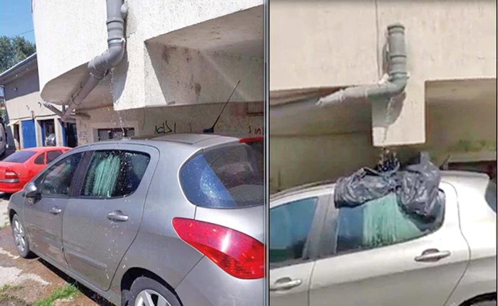 
    Un trecător a pus peste  geamul deschis o pungă,  astfel încât să nu mai  intre mizerie în mașină  