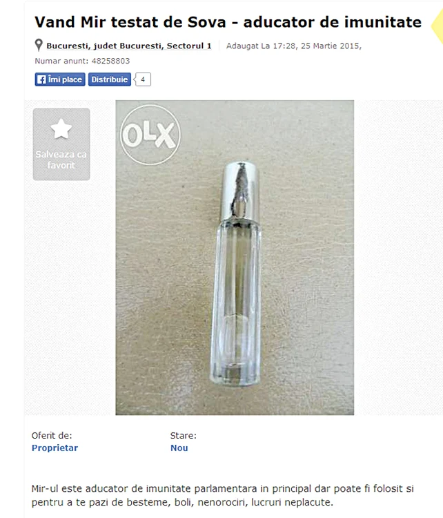 Pe site-ul olx.ro se vând 600 de sticluţe cu mir