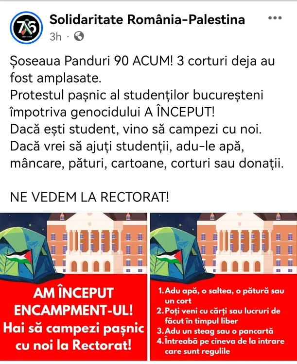 Îndemn la protest pe pagina Solidaritate România-Palestina - Foto Facebook