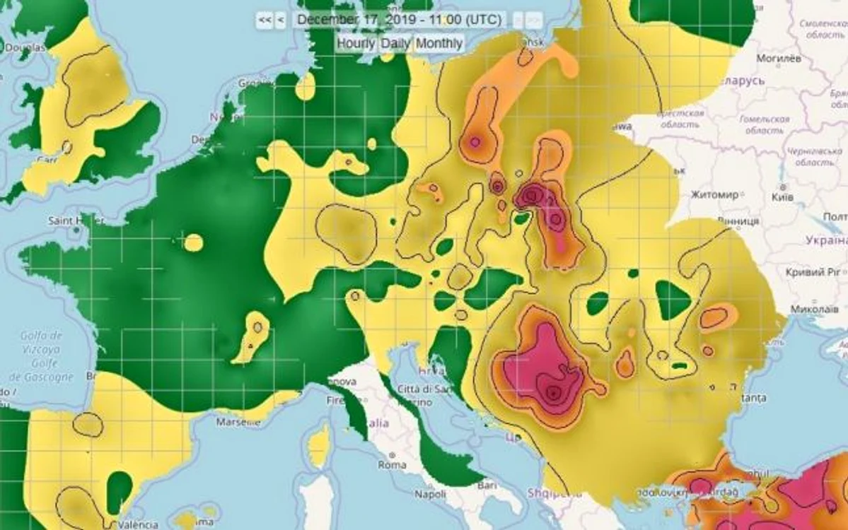 Situaţia poluării aerului cu particule în Europa, în 17 decembrie 2019. Sursa: Berkeley Earth