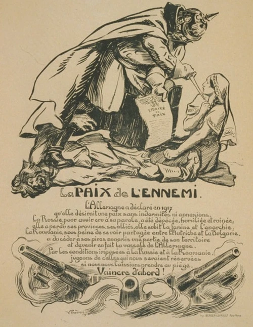 Caricatură politică franceză: Kaiserul german, cu piciorul pe cadavrul unui rus (Rusia), ameninţă cu un pumnal o femeie (România), ca să semneze Tratatul de Pace