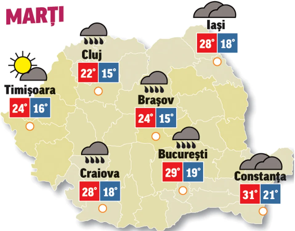 Astăzi, vremea va deveno mai răcoroasă și se vor semnala precipitații pe arii estinse