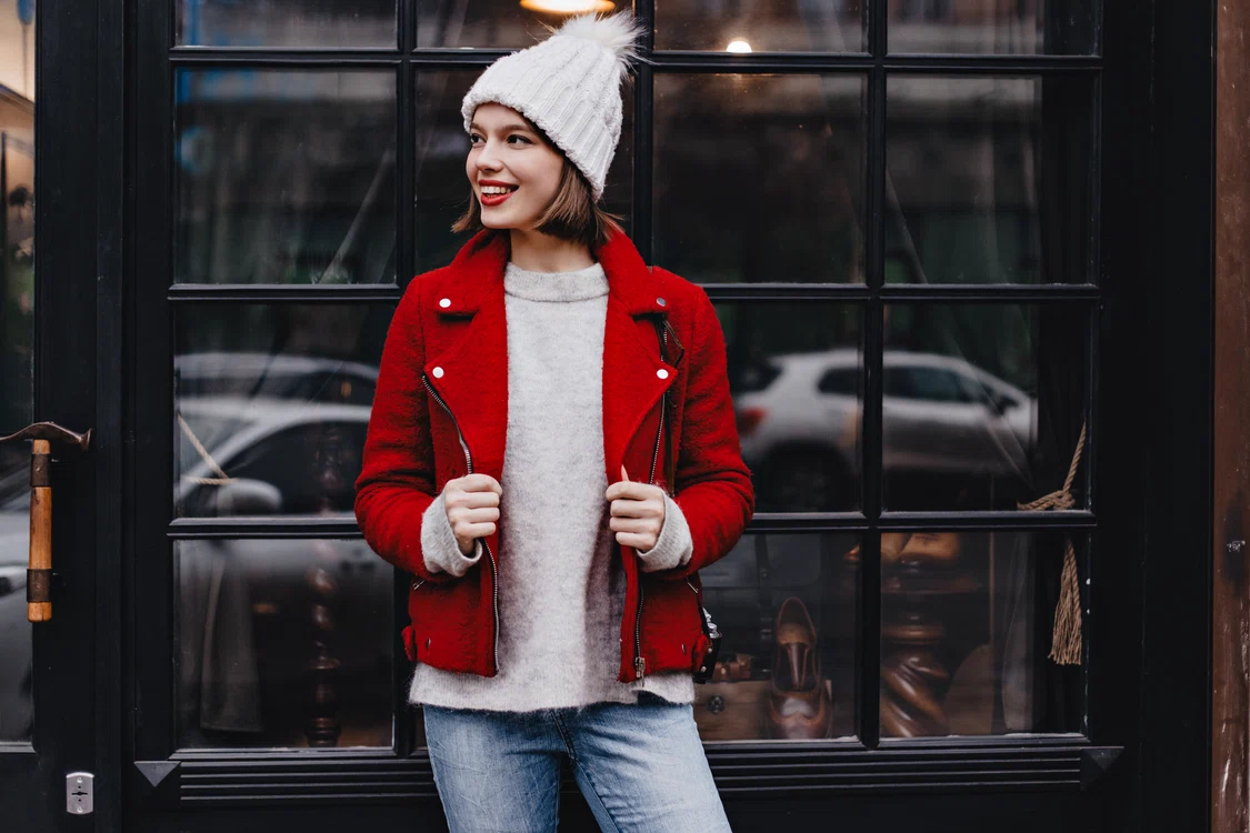 stylish lady great mood leaned window with black wooden frame girl dressed jeans hat red jacket posing jpg