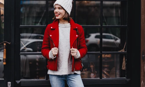 stylish lady great mood leaned window with black wooden frame girl dressed jeans hat red jacket posing jpg