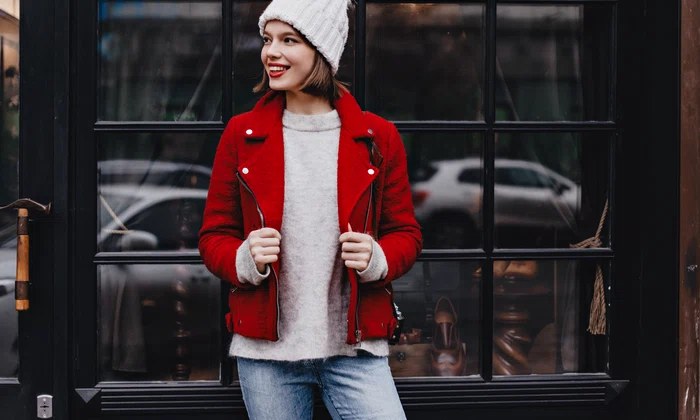 stylish lady great mood leaned window with black wooden frame girl dressed jeans hat red jacket posing jpg