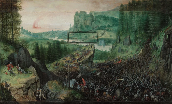 Locul unde sunt plasați dinozaurii în pictura "Sinuciderea lui Saul" de Pieter Bruegel cel Bătrân