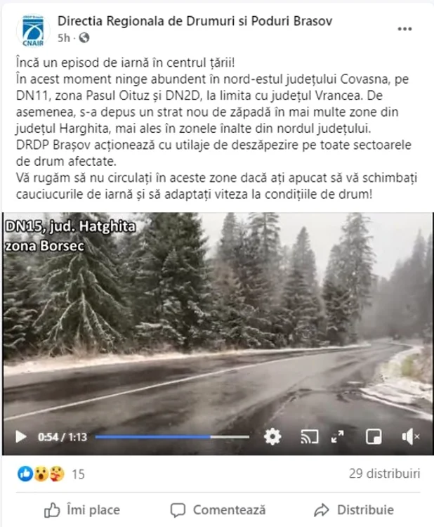 
    Anunțul Direcției Regionale de Drumuri și Poduri Brașov Sursa foto: Facebook  
