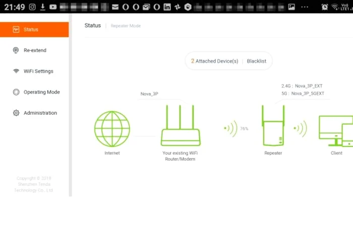 Interfata in browser Tenda A15 Dual Band Wi-Fi Repeater 