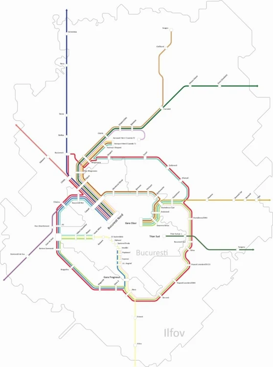 
    Harta celor 18 trasee ale Trenului Metropolitan, care vor lega Capitala de principalele localități din IlfovFoto: facebook Nicușor Dan  