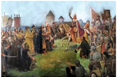 „Solemnitatea alegerii lui Ștefan cel mare ca domn al Moldovei”, ulei pe pânză, 203x303 cm, autor D. Stoica (foto: Colecțiile Muzeului Militar Național „Regele Ferdinand I”)