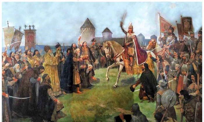 „Solemnitatea alegerii lui Ștefan cel mare ca domn al Moldovei”, ulei pe pânză, 203x303 cm, autor D. Stoica (foto: Colecțiile Muzeului Militar Național „Regele Ferdinand I”)