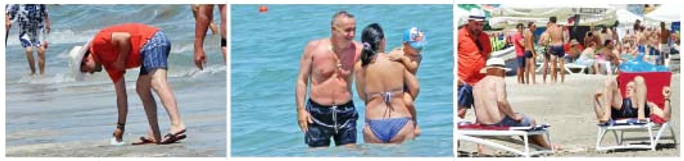 Fostul  internaţional  Luţu a strâns  cu grijă banii  aruncaţi  pe nisip; La ieşirea din  apă, Becali a  glumit cu  un copilaş; Latifundiarul s-a lăfăit  la plajă după baie