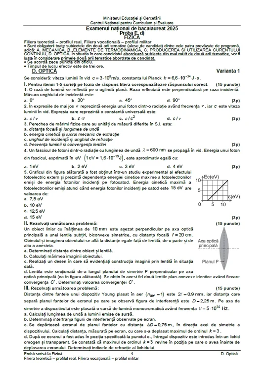 Subiecte Fizică: Filiera teoretică - profilul real și Filiera vocațională - profilul militar/edu.ro