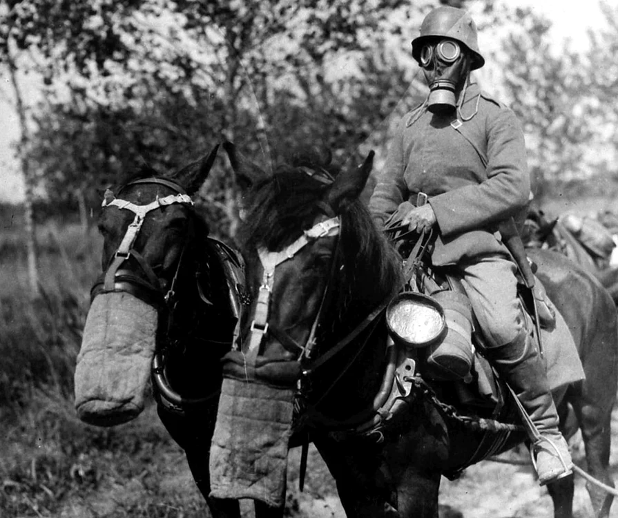 Oameni şi cai nemţi,  echipaţi cu măşti de gaz,  iunie 1918.
