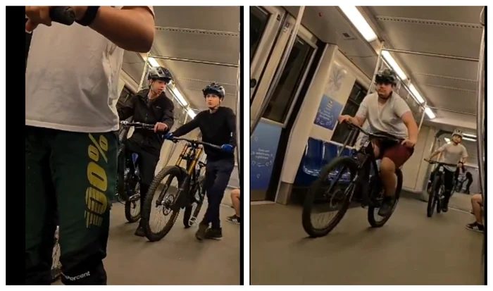 Bicicliști, plimbându-se printre vagoane la metrou / FOTO: Captură video 
