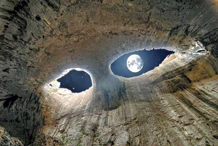 Deschizăturile din Peștera Prohodna, supranumite „Ochii lui Dumnzeu”. Sursă foto: Facebook 