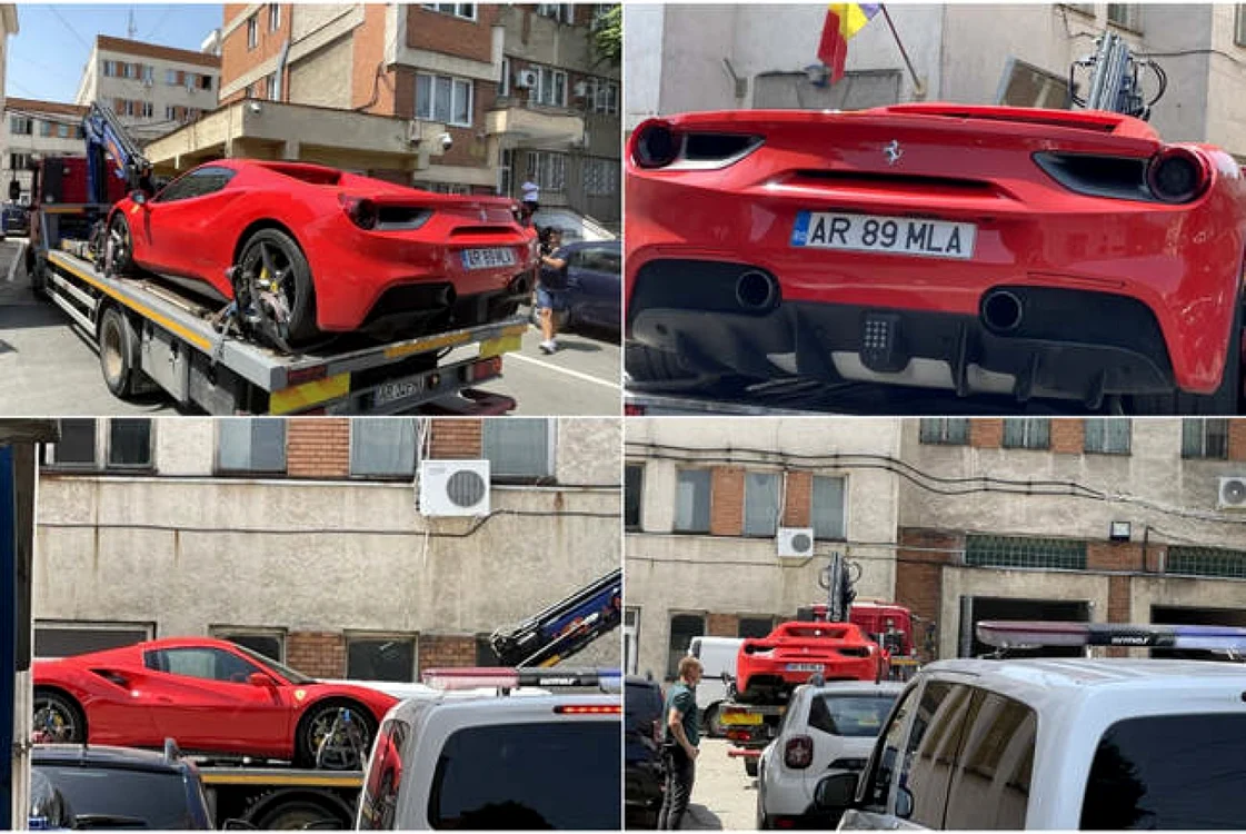 Un Ferrari care i-ar aparţine lui Mladin a fost ridicat şi dus în curtea IPJ Arad FOTO aradon.ro