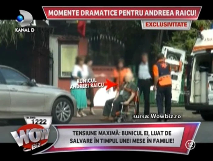 Bunicul Andreei Raicu a fost scos din restaurant în scaunul cu rotile şi transportat la spital (Captură: WOWbiz)