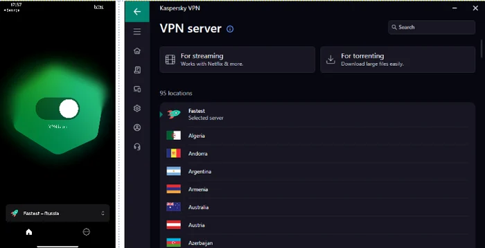 Kaspersky VPN dark mode pe smartphone și computer.
