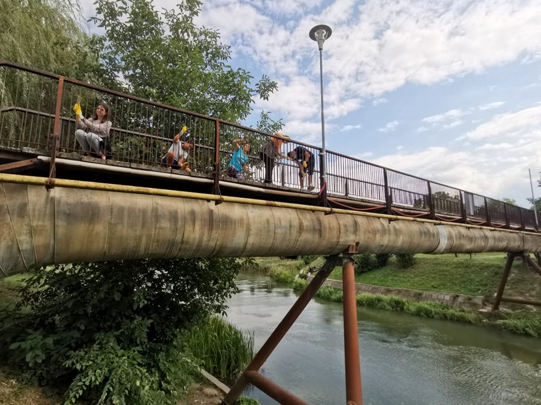 Podul pietonal de la Uzina de Apă este înfruseţat de voluntari FOTO Ş.Both