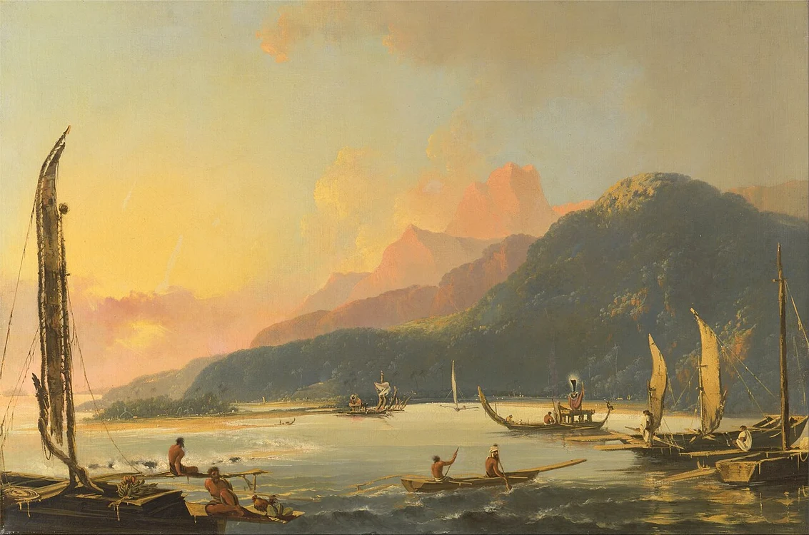 Golful Matavai din Tahiti, reprezentat într-o pictură din 1776 de William Hodges