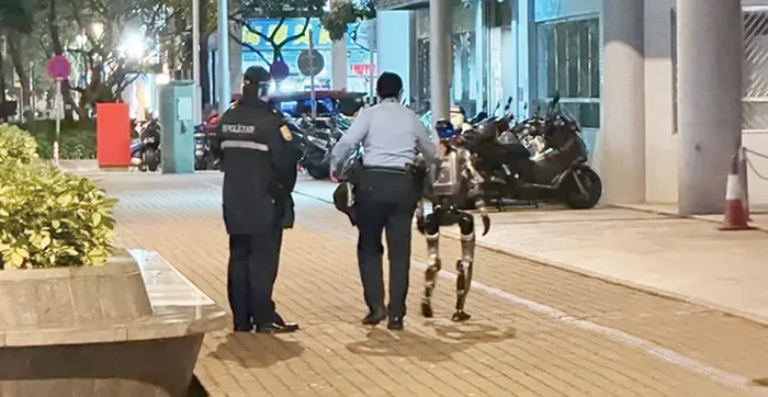 Doi polițiști care îl escortează pe robot de la fața locului. FOTO: captură video 