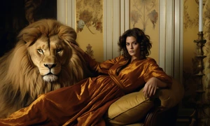 portrait woman representing leo zodiac sign with real lion jpg