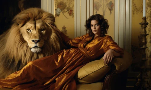 portrait woman representing leo zodiac sign with real lion jpg