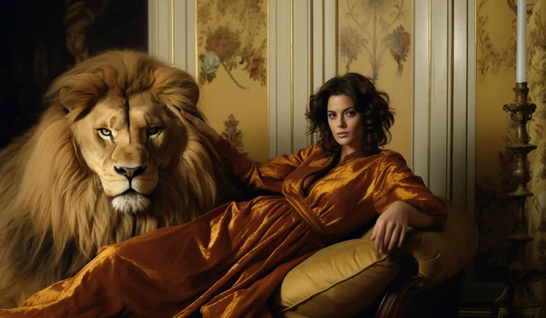 portrait woman representing leo zodiac sign with real lion jpg