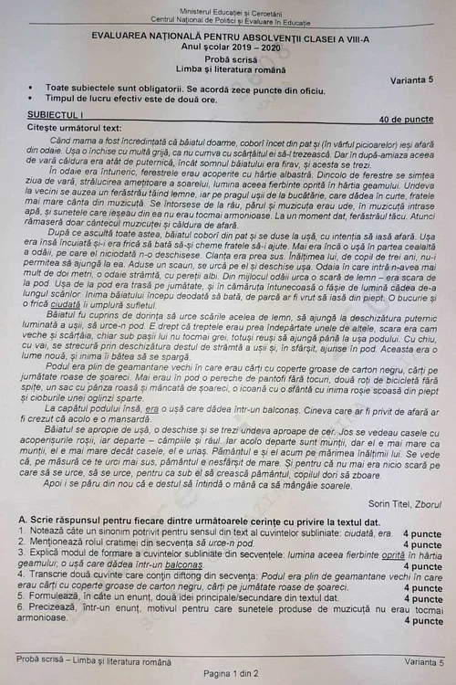 Evaluarea Națională 2020. Subiectele probei de Limba și literatura română - pagina 1