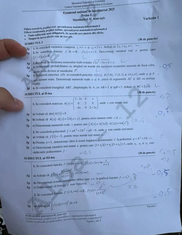 Subiecte la matematică la BAC, profilul mate-info:. FOTO Rețele sociale