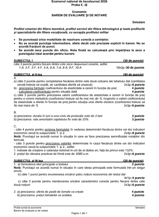 Barem corectare simulare BAC Economie 2026 FOTO Edupedu.ro