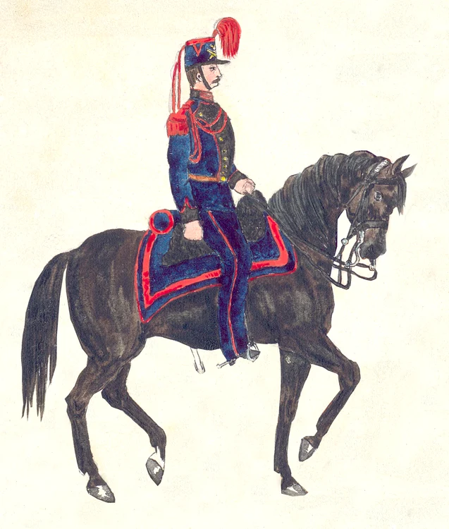 Soldat din Bateria de artilerie din Moldova, 1857. Desen în peniță și acuarelă realizat de D. Fotino, aflat în colecția Muzeului Militar Național „Regele Ferdinand I”